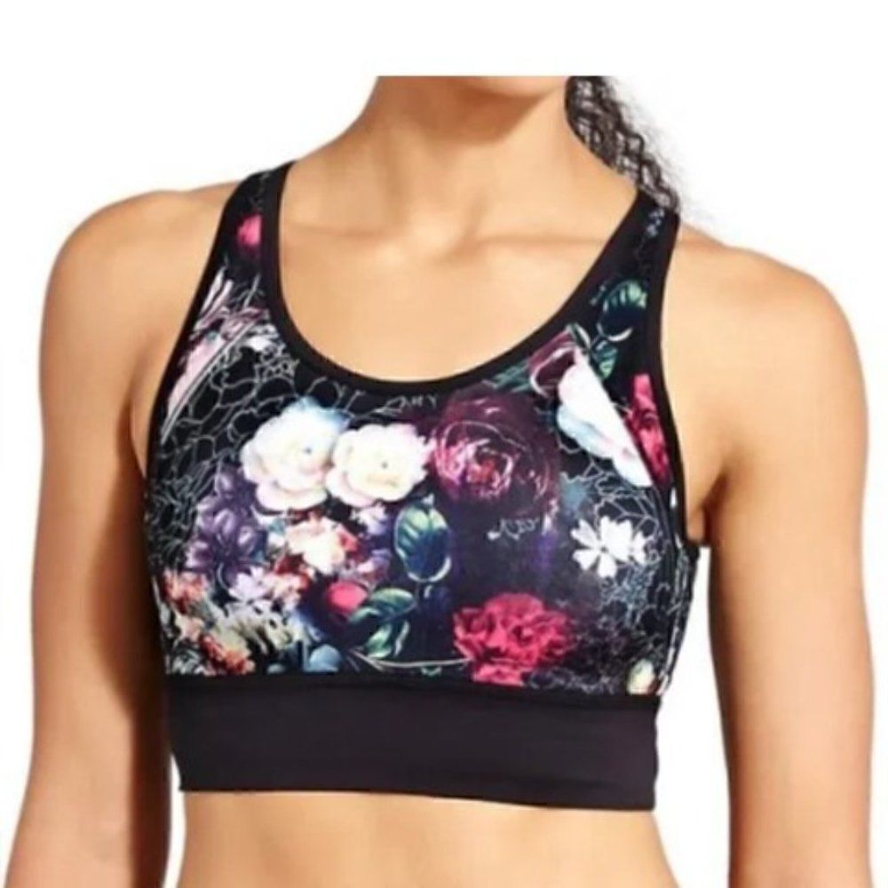 Athleta Black Floral Sports Bra Small
